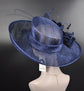 Navy Blue Sinamay Derby Hat, Wide Brim with Flower & Feathers