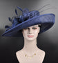 Navy Blue Sinamay Derby Hat, Wide Brim with Flower & Feathers