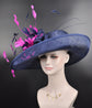 Navy Blue Sinamay Kentucky Derby Hat: Fuchsia Feather Flower Wide Brim