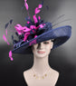 Navy Blue Sinamay Kentucky Derby Hat: Fuchsia Feather Flower Wide Brim