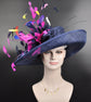 Navy Blue Sinamay Derby Hat: Fuchsia Feather Flower, Wide Brim
