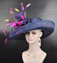 Navy Blue Sinamay Derby Hat: Fuchsia Feather Flower, Wide Brim