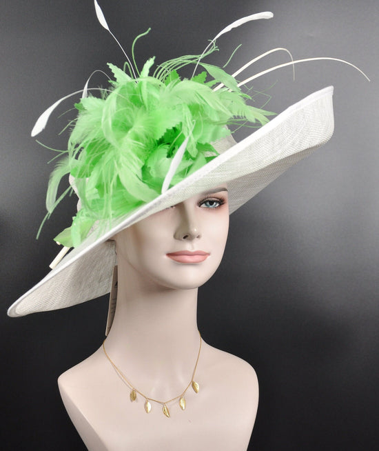 White Sinamay Wide Brim Hat, Apple Green Flower Derby Hat