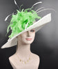 White Wide Brim Sinamay Hat w Apple Green Flower  Kentucky Derby Hat Tea Party Carriage Party  3 Layers
