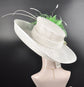 White Wide Brim Sinamay Hat w Apple Green Flower  Kentucky Derby Hat Tea Party Carriage Party  3 Layers