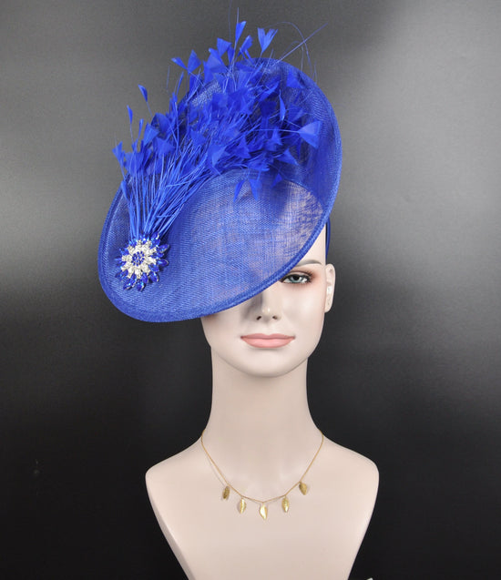 Royal Blue Sinamay Fascinator: Feather Flower Kentucky Derby Hat