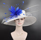 Wide Brim Sinamay Derby Hat: White with Royal Blue Feather Flower
