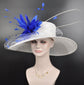 Wide Brim Sinamay Derby Hat: White with Royal Blue Feather Flower