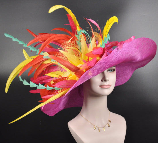 Hot Pink Sinamay Kentucky Derby Hat: Feather Flowers Tea Party Hat