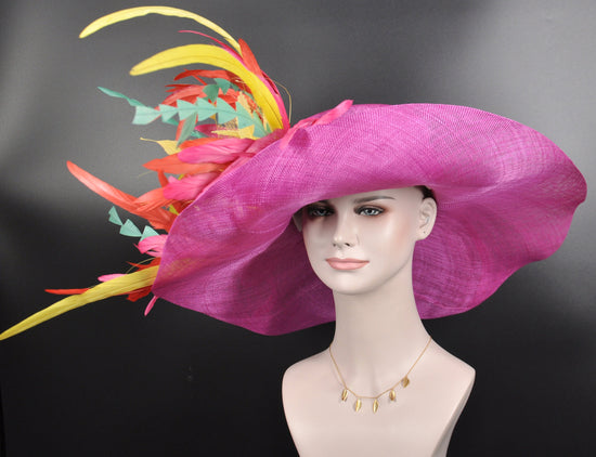 Hot Pink Sinamay Derby Hat: Feather Flowers Tea Party Hat