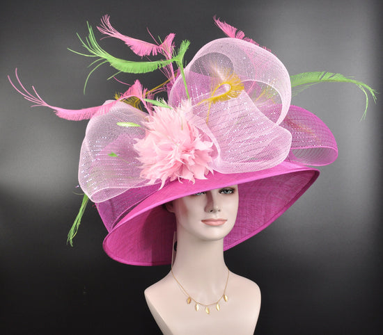 Pink Sinamay Kentucky Derby Hat: Feather Flower Wide Brim Ascot Hat