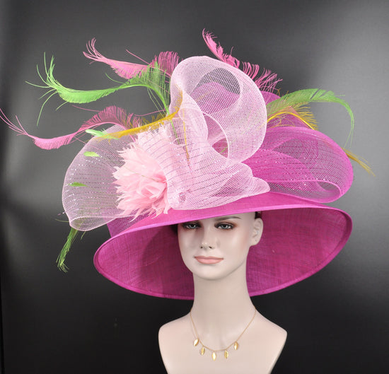 Pink Sinamay Derby Hat: Feather Flower Wide Brim Ascot Hat