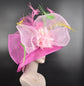 Pink Sinamay Kentucky Derby Hat: Feather Flower Wide Brim Ascot Hat