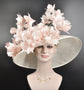 Pink Day, Church, Kentucky Derby Hat,Wide Brim Sinamay Hat ,Carriage, Tea Party ,Wedding , Off White/Ivory W Blush/Dusty Pink Feather Flower