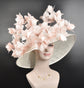 Pink Day, Church, Kentucky Derby Hat,Wide Brim Sinamay Hat ,Carriage, Tea Party ,Wedding , Off White/Ivory W Blush/Dusty Pink Feather Flower