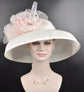 Audrey Hepburn Style Dome Hat Kentucky Derby Hat Tea Party Carriage Wide Brim Sinamay Hat White w Blush Pink Silk Flower