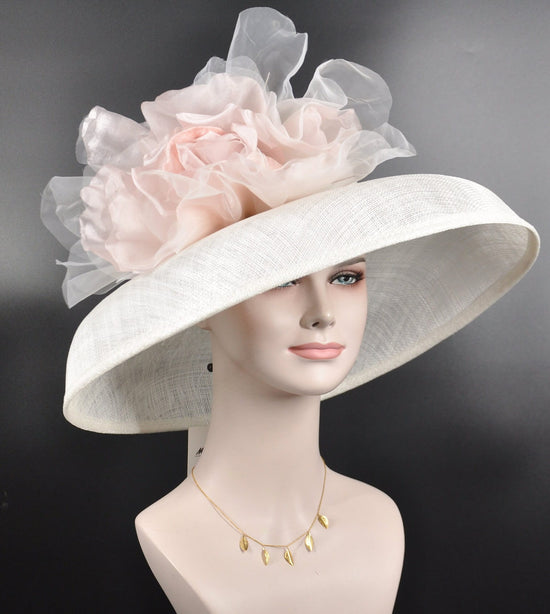 Audrey Hepburn Style Dome Hat Kentucky Derby Hat Tea Party Carriage Wide Brim Sinamay Hat White w Blush Pink Silk Flower