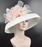 Audrey Hepburn Style Dome Hat Kentucky Derby Hat Tea Party Carriage Wide Brim Sinamay Hat White w Blush Pink Silk Flower