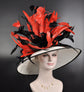 WHite Red Black Wide Brim Sinamay Derby Hat, Feather & Bow Statement Hat, Ascot Fascinator for Wedding, Church, Tea Party