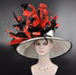 WHite Red Black Wide Brim Sinamay Derby Hat, Feather & Bow Statement Hat, Ascot Fascinator for Wedding, Church, Tea Party