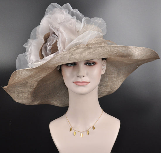 Taupe Jumbo Silk Flower, Kentucky Derby hat, Church hat, Wedding hat, Tea Party hat , Floppy Wide Brim Sinamay Dress Hat