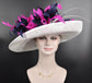 Wide Brim Sinamay Derby Hat: Hot Pink & Navy Feather Flower