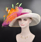 Church Kentucky Derby Hat Wide Brim Sinamay Hat Carriage Tea Party Wedding  Ivory/off White with Hot Pink Orange Feather Flower