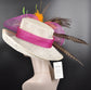 Church Kentucky Derby Hat Wide Brim Sinamay Hat Carriage Tea Party Wedding  Ivory/off White with Hot Pink Orange Feather Flower
