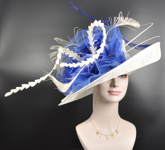 Wide Brim Sinamay Derby Hat: Ivory, Royal Blue Feather Church Hat