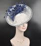 White Sinamay Fascinator Hat: Navy Feather Flower, Rhinestone Derby Hat