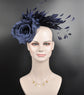 Navy Blue Silk Flower Fascinator Hat: Feather Headband