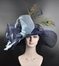 Navy Blue w Powder Blue Jumbo Bow and Feather Flowers Kentucky Derby Hat,  Tea Party Hat Wide Brim  Sinamay  Hat