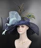 Navy Blue w Powder Blue Jumbo Bow and Feather Flowers Kentucky Derby Hat,  Tea Party Hat Wide Brim  Sinamay  Hat