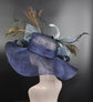 Navy Blue w Powder Blue Jumbo Bow and Feather Flowers Kentucky Derby Hat,  Tea Party Hat Wide Brim  Sinamay  Hat