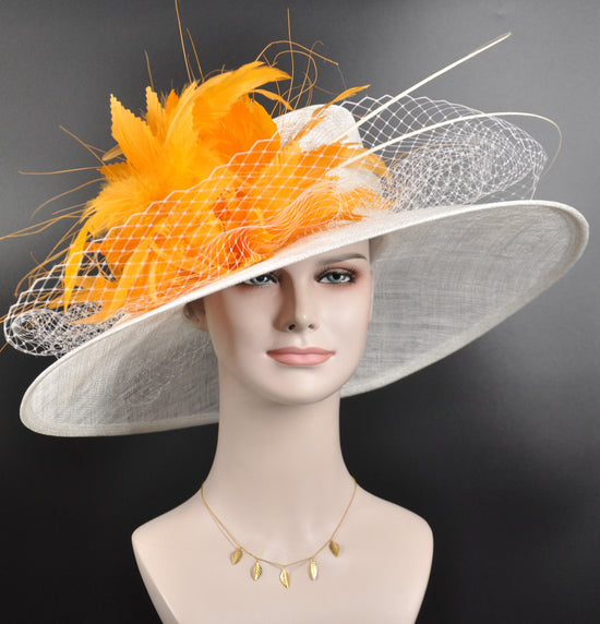 Wide Brim Sinamay Hat Church Kentucky Derby Hat Carriage Tea Party Wedding Hat Royal Ascot Horse Race Oaks day hatWhite w Orange
