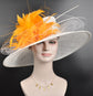 Wide Brim Sinamay Hat Church Kentucky Derby Hat Carriage Tea Party Wedding Hat Royal Ascot Horse Race Oaks day hatWhite w Orange