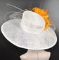 Wide Brim Sinamay Hat Church Kentucky Derby Hat Carriage Tea Party Wedding Hat Royal Ascot Horse Race Oaks day hatWhite w Orange