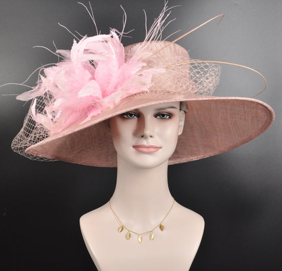 Wide Brim Sinamay Derby Hat: Pink Flower Church Wedding Hat