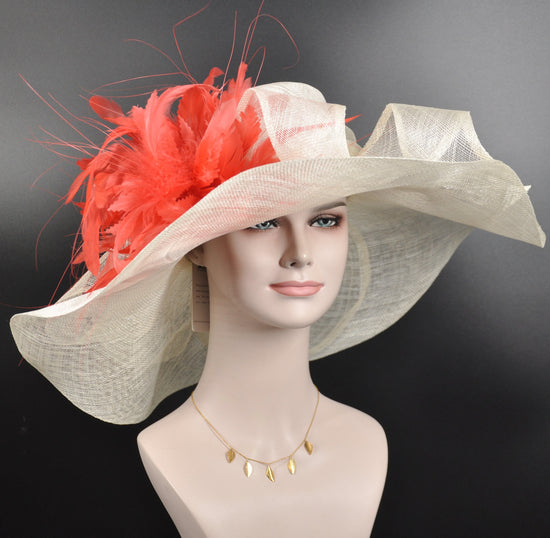 Coral Feather Kentucky Derby Hat: Ivory Wide Brim Sinamay Wedding Hat