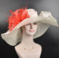 Coral Feather Kentucky Derby Hat: Ivory Wide Brim Sinamay Wedding Hat
