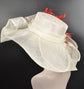 Coral Feather Kentucky Derby Hat: Ivory Wide Brim Sinamay Wedding Hat