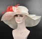 Coral Feather Kentucky Derby Hat: Ivory Wide Brim Sinamay Wedding Hat