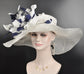 White w Navy Blue  Feather Flower Kentucky Derby Hat, Church Hat, Wedding Hat, Easter Hat, Tea Party Hat Wide Brim  Sinamay  Hat