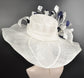 White w Navy Blue  Feather Flower Kentucky Derby Hat, Church Hat, Wedding Hat, Easter Hat, Tea Party Hat Wide Brim  Sinamay  Hat