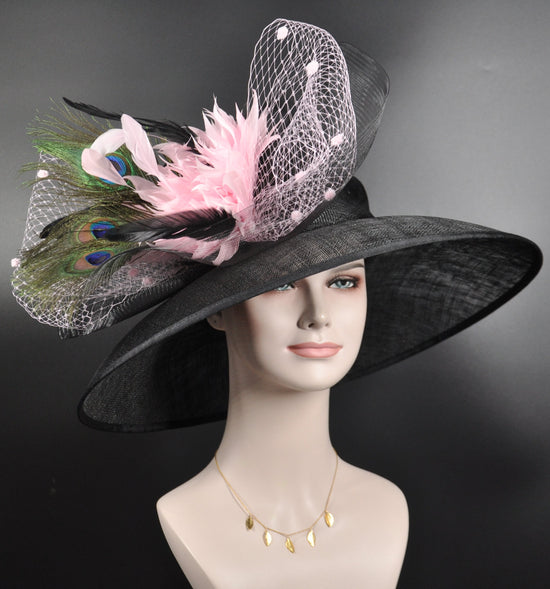 Sinamay Derby Hat: Black Wide Brim with Pink Feather & Peacock Feathers
