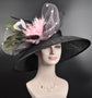 Sinamay Derby Hat: Black Wide Brim with Pink Feather & Peacock Feathers
