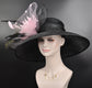 Sinamay Derby Hat: Black Wide Brim with Pink Feather & Peacock Feathers