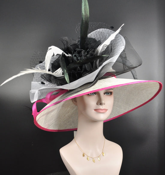 Wide Brim Sinamay Derby Hat: Feather Flower, Fuchsia Pink Trim