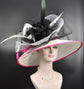 Wide Brim Sinamay Derby Hat: Feather Flower, Fuchsia Pink Trim