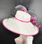 Wide Brim Sinamay Derby Hat: Feather Flower, Fuchsia Pink Trim